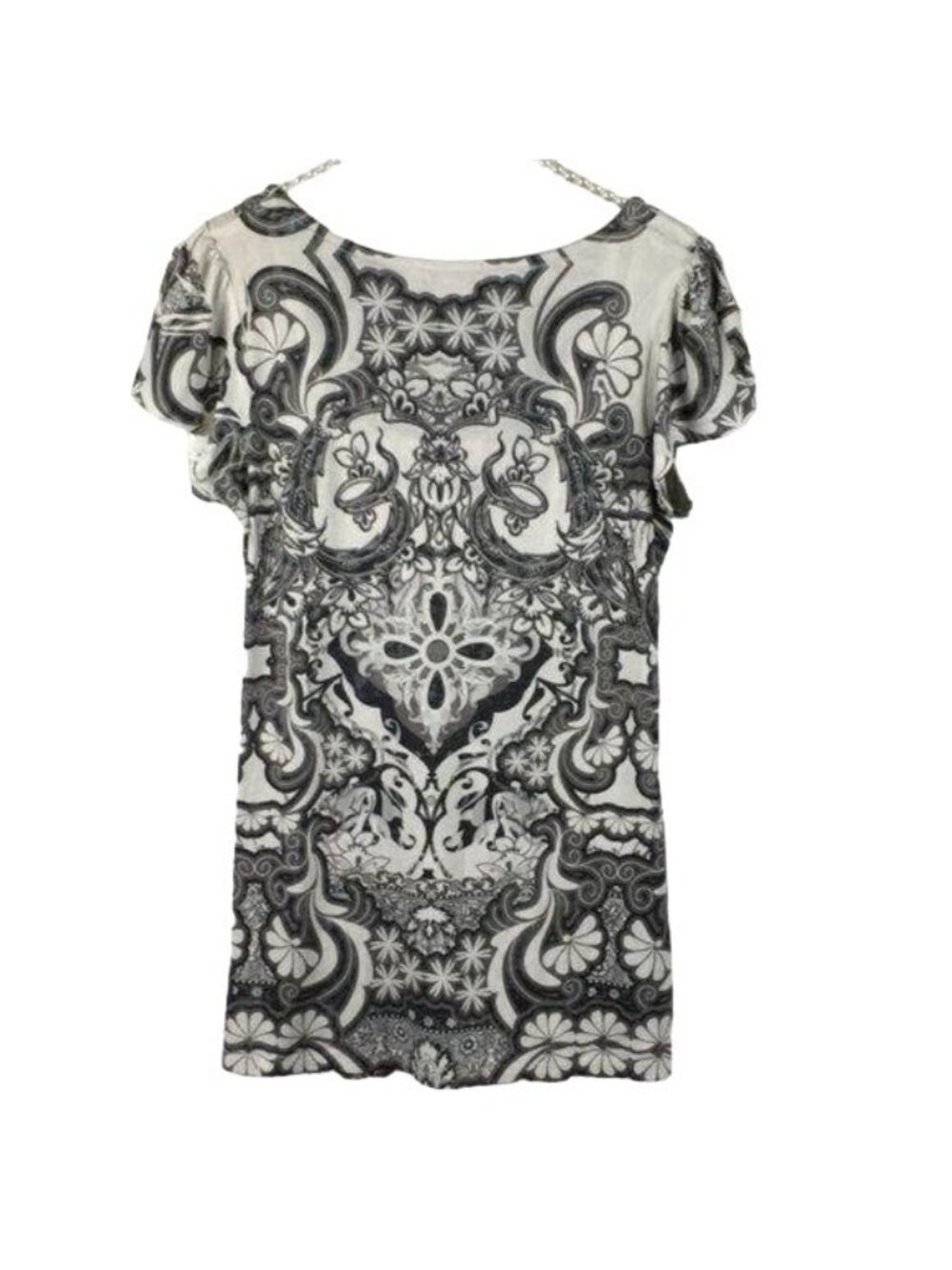 One World Black & White Paisley Lace V-Neck Top S - Picture 4 of 7
